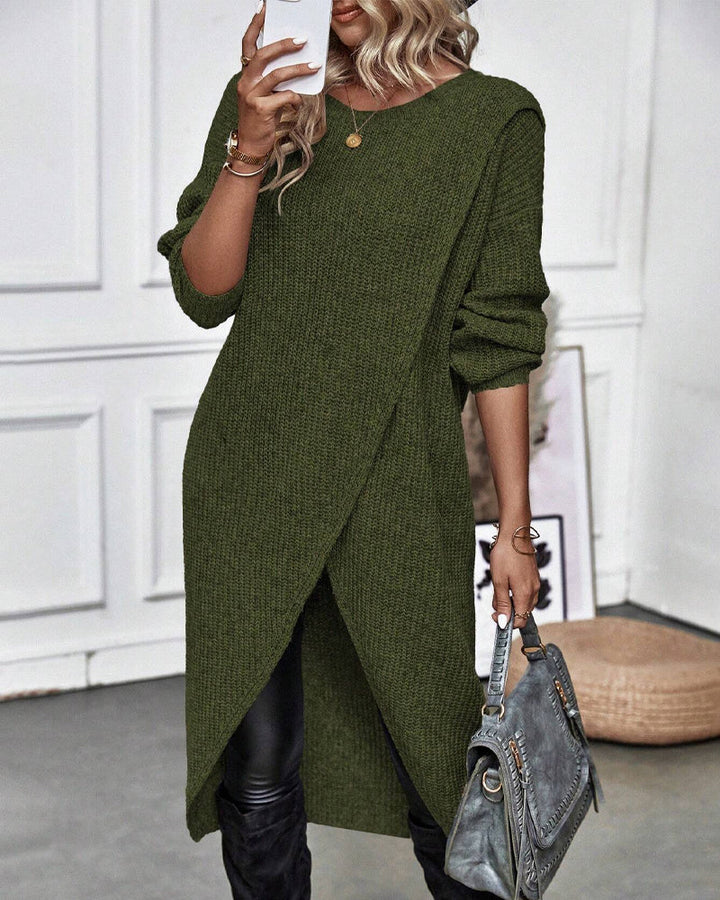 Evelyn | Polished Long Sleeve Midi Dress with Wrap Hem