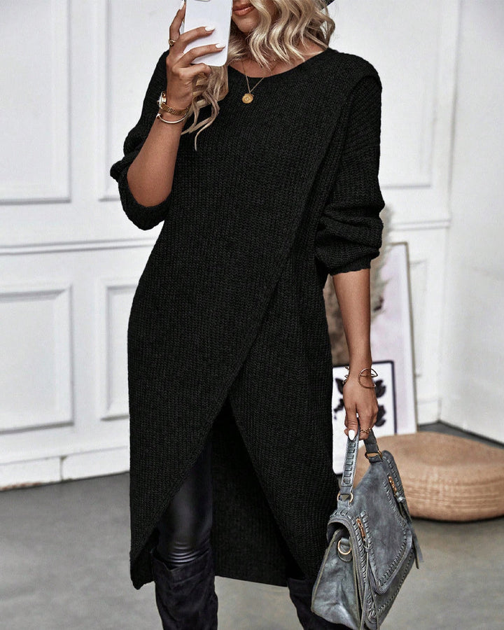 Evelyn | Polished Long Sleeve Midi Dress with Wrap Hem