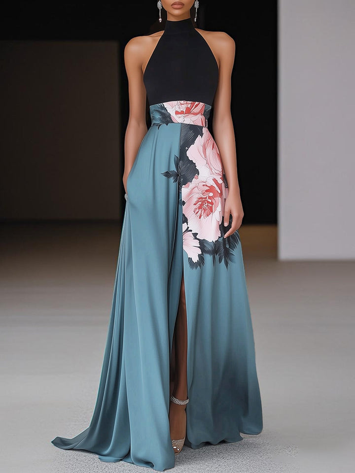 Frances | Chic Floral Christmas Dress with Halter Neck Maxi Slit