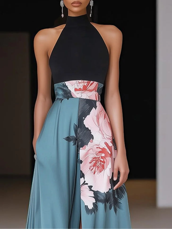 Frances | Chic Floral Christmas Dress with Halter Neck Maxi Slit