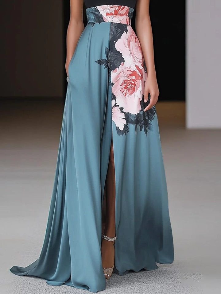 Frances | Chic Floral Christmas Dress with Halter Neck Maxi Slit