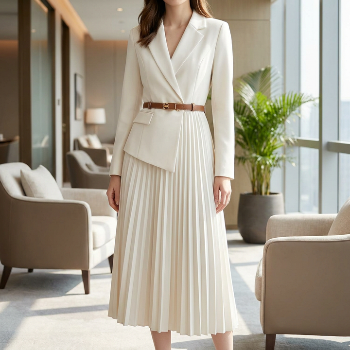 Frances | Refined Long Sleeve Dress with Belted Pleated Midi Skirt