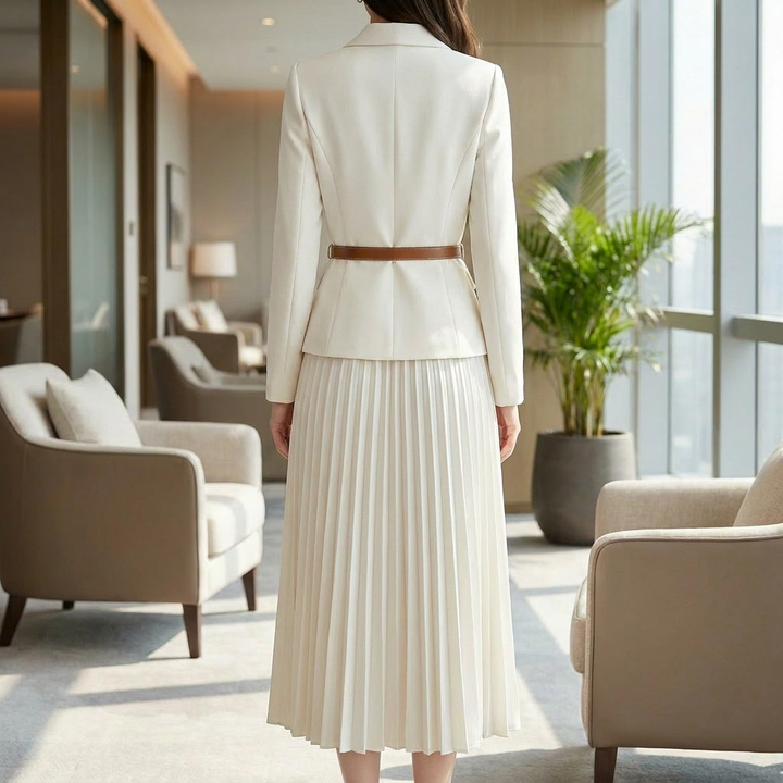 Frances | Refined Long Sleeve Dress with Belted Pleated Midi Skirt