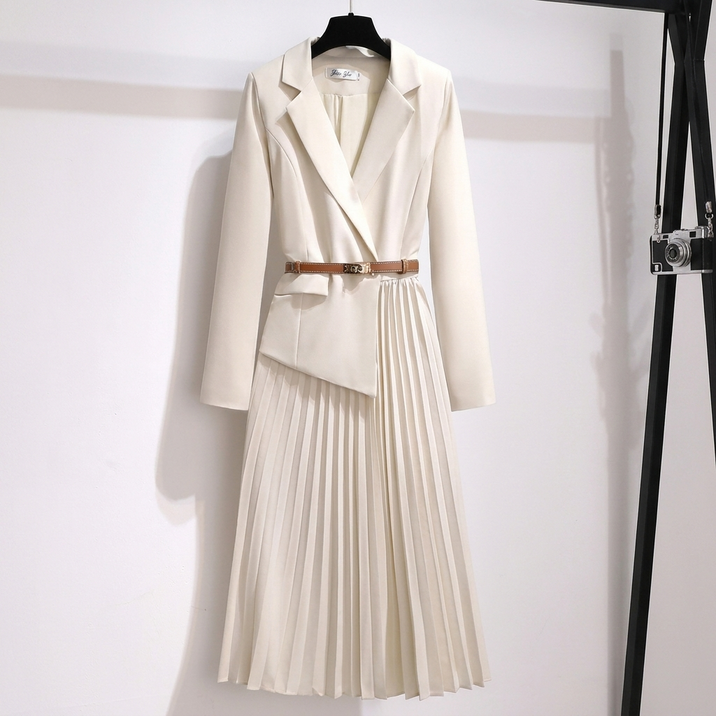 Frances | Refined Long Sleeve Dress with Belted Pleated Midi Skirt