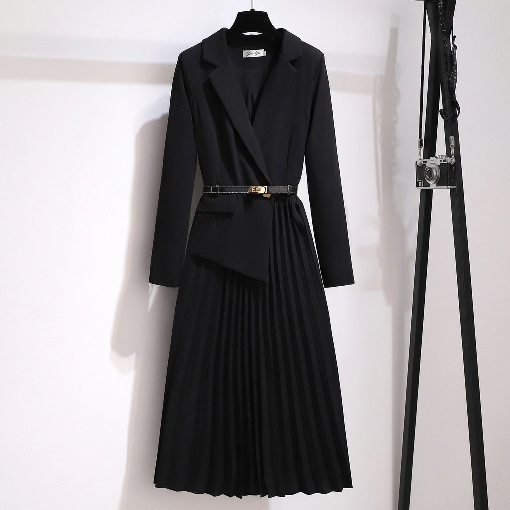 Frances | Refined Long Sleeve Dress with Belted Pleated Midi Skirt