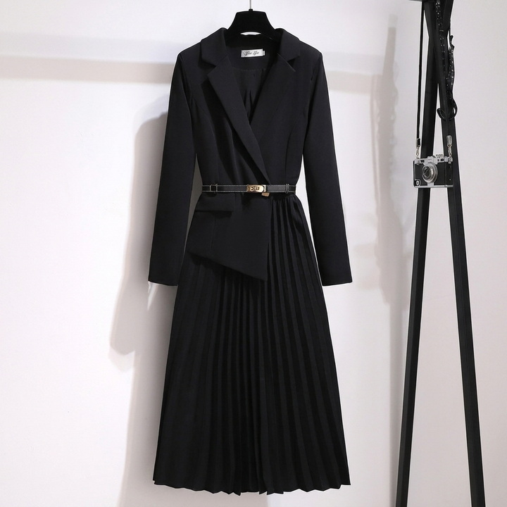 Frances | Refined Long Sleeve Dress with Belted Pleated Midi Skirt