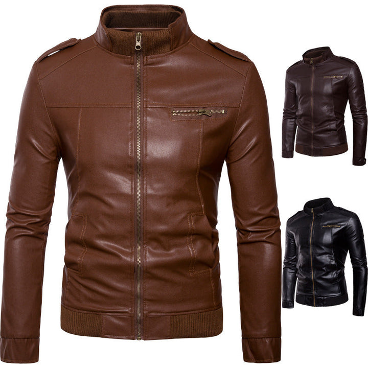 Gary | Chic Stand Collar Leather Bomber Jacket with Shoulder Patches
