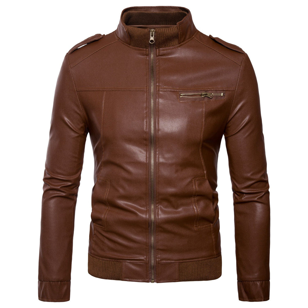 Gary | Chic Stand Collar Leather Bomber Jacket with Shoulder Patches