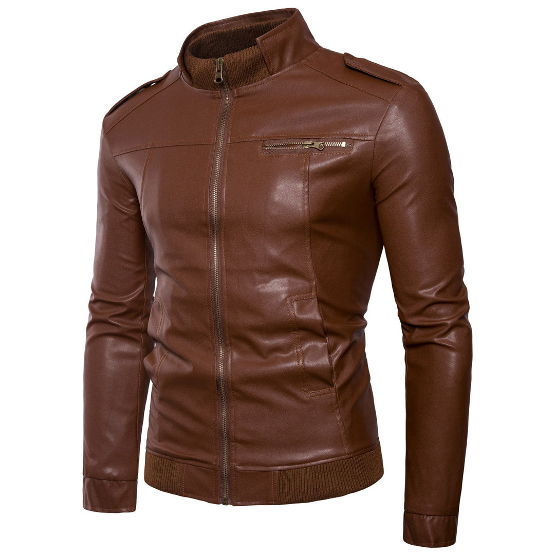 Gary | Chic Stand Collar Leather Bomber Jacket with Shoulder Patches