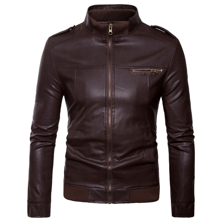 Gary | Chic Stand Collar Leather Bomber Jacket with Shoulder Patches
