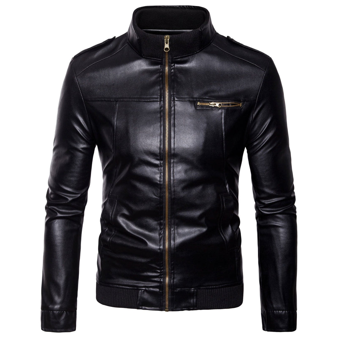 Gary | Chic Stand Collar Leather Bomber Jacket with Shoulder Patches