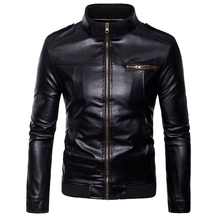 Gary | Chic Stand Collar Leather Bomber Jacket with Shoulder Patches
