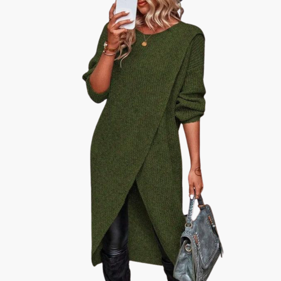 Gloria | Cozy Long Sleeve Midi Dress with Wrap Front Detail
