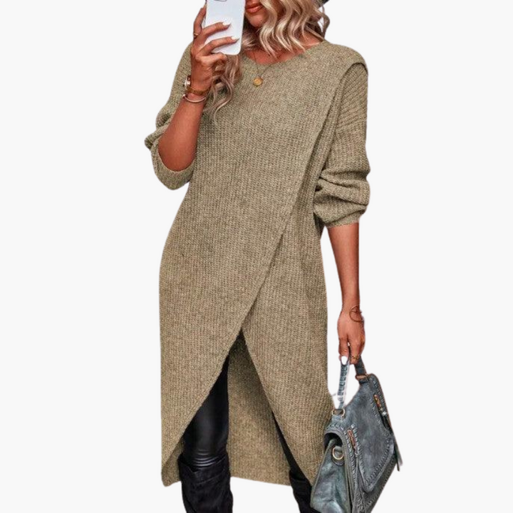 Gloria | Cozy Long Sleeve Midi Dress with Wrap Front Detail