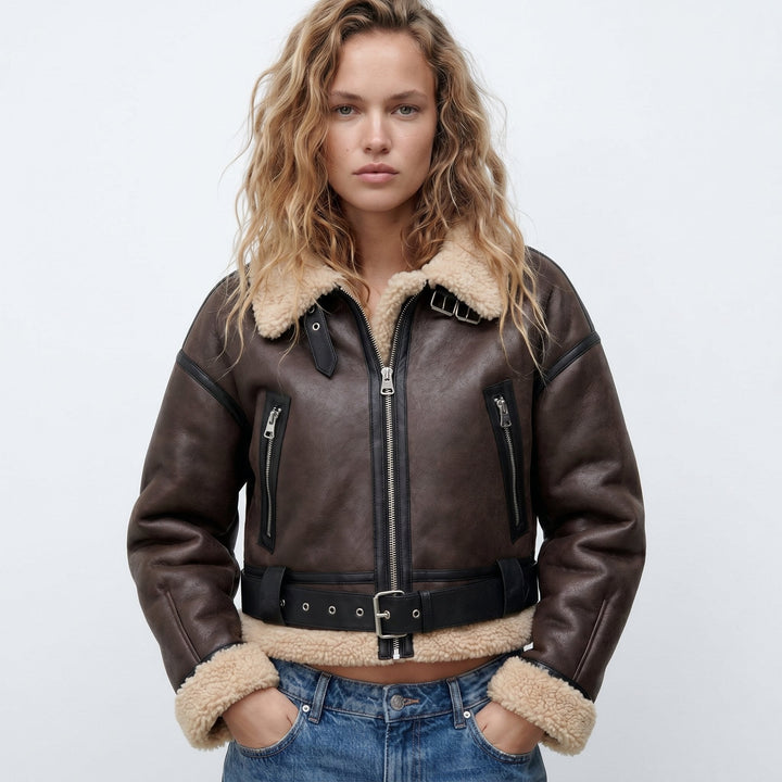 Grace | Relaxed Cropped Leather Bomber Jacket with Shearling Trim