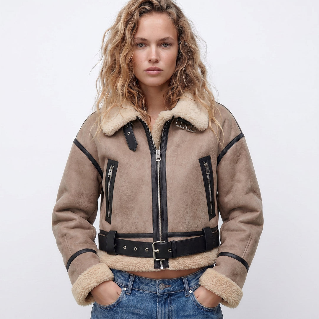 Grace | Relaxed Cropped Leather Bomber Jacket with Shearling Trim