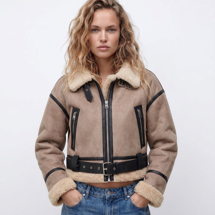 Grace | Relaxed Cropped Leather Bomber Jacket with Shearling Trim