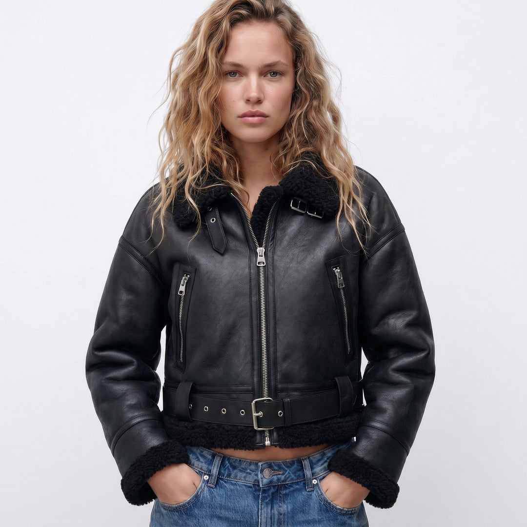 Grace | Relaxed Cropped Leather Bomber Jacket with Shearling Trim