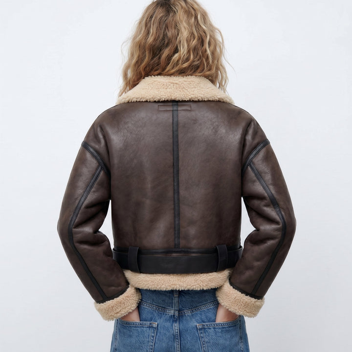 Grace | Relaxed Cropped Leather Bomber Jacket with Shearling Trim
