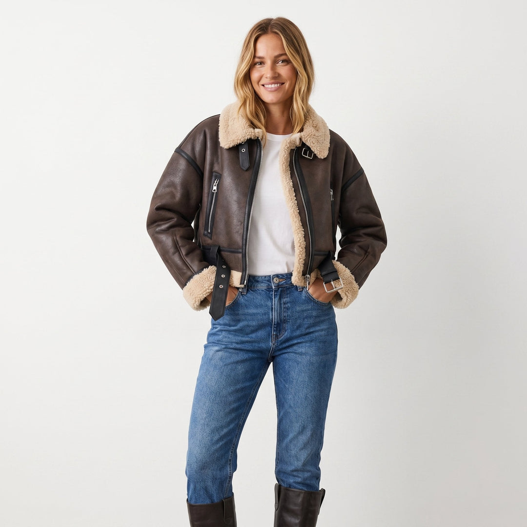 Grace | Relaxed Cropped Leather Bomber Jacket with Shearling Trim