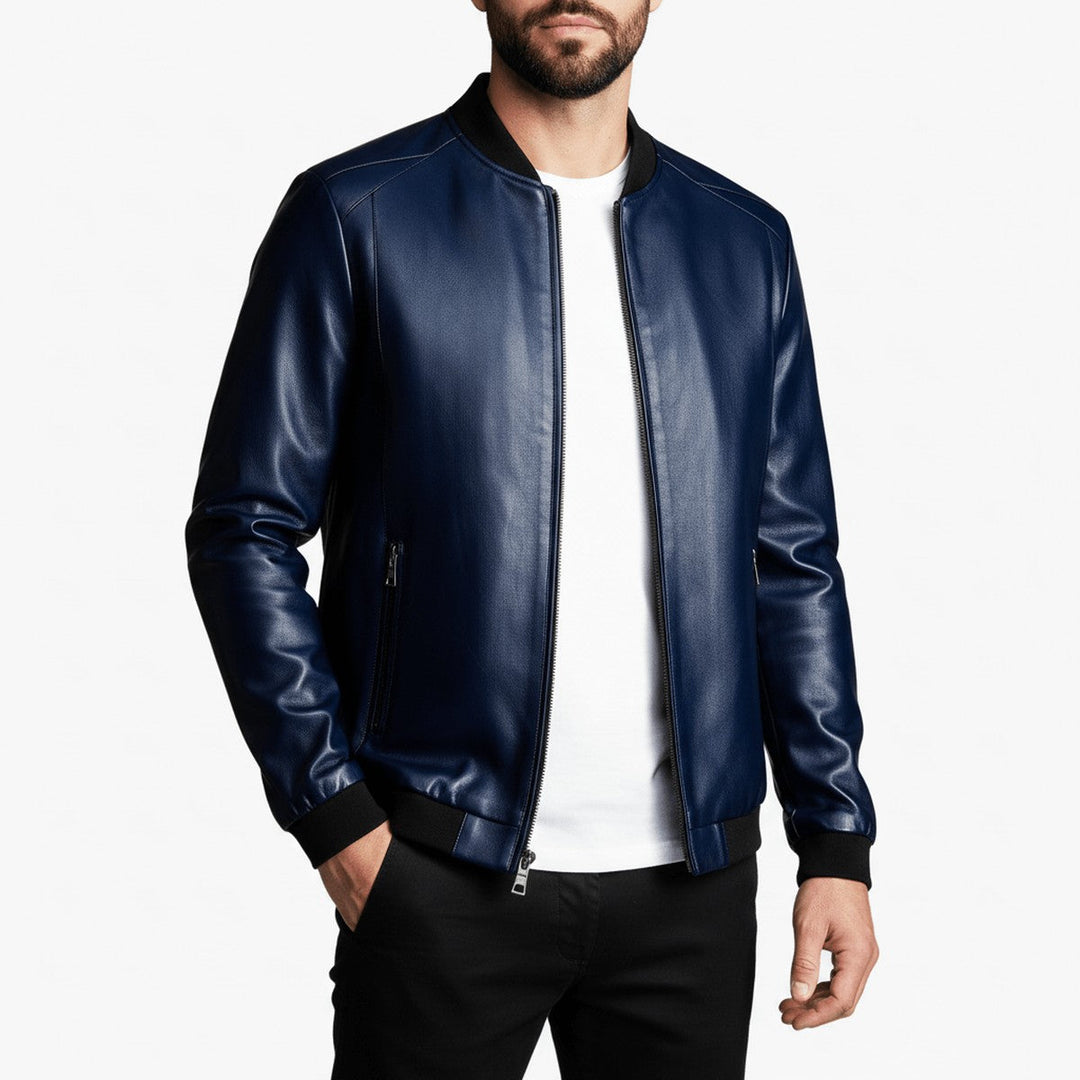 Gregory | Cozy Ribbed Collar Leather Bomber Jacket
