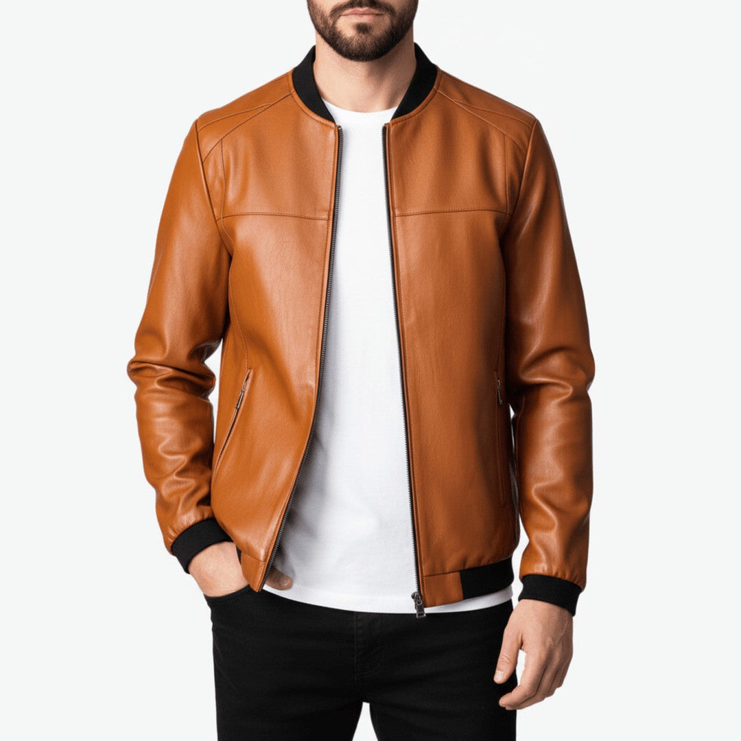 Gregory | Cozy Ribbed Collar Leather Bomber Jacket
