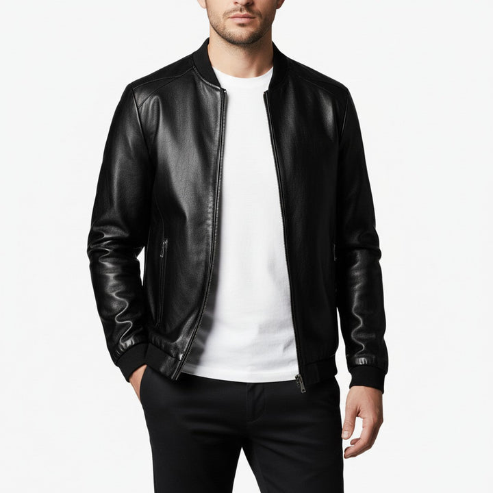 Gregory | Cozy Ribbed Collar Leather Bomber Jacket
