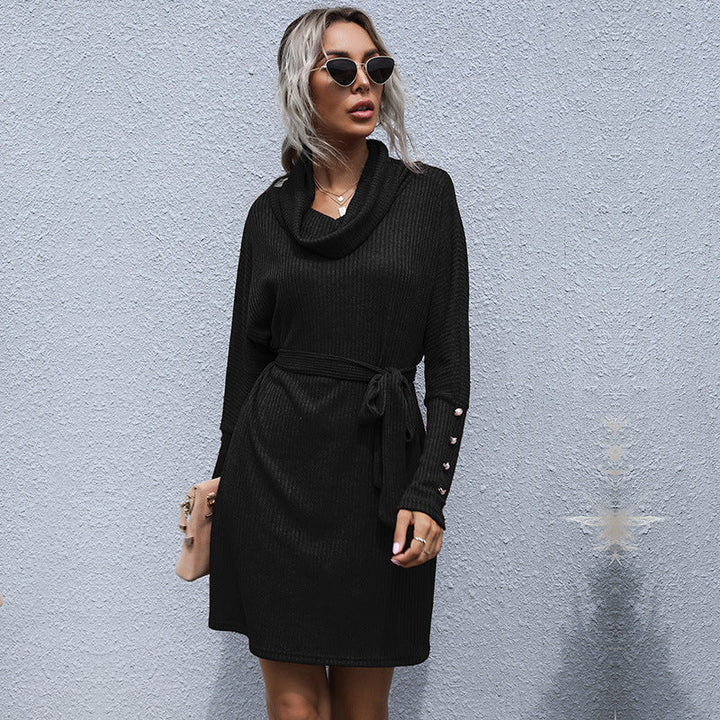 Hannah | Stylish Cowl Neck Ribbed Knit Winter Dress