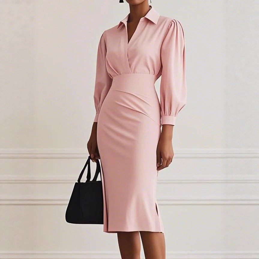 Heather | Chic Tailored V-Wrap Long Sleeve Midi Dress