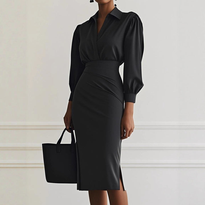Heather | Chic Tailored V-Wrap Long Sleeve Midi Dress