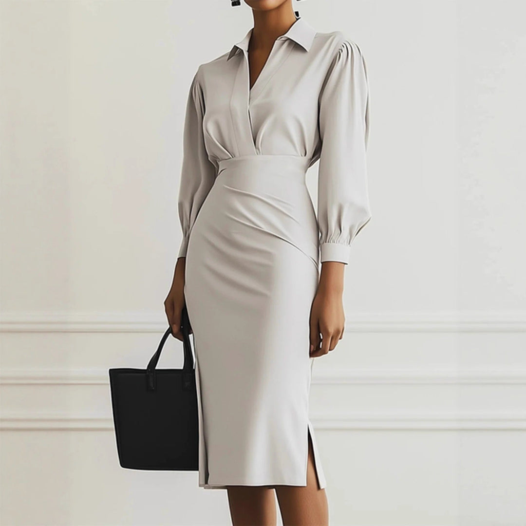 Heather | Chic Tailored V-Wrap Long Sleeve Midi Dress
