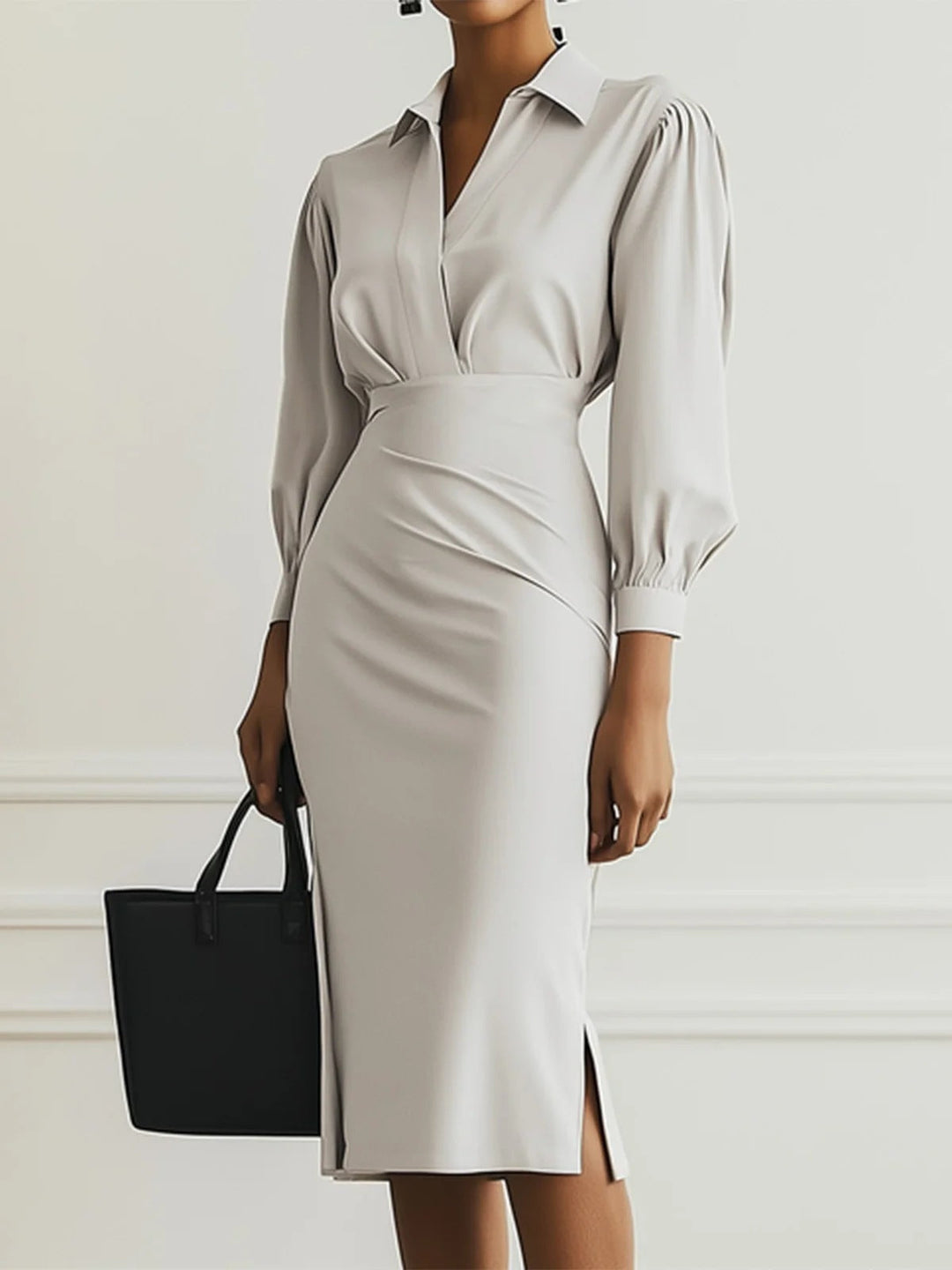 Heather | Chic Tailored V-Wrap Long Sleeve Midi Dress