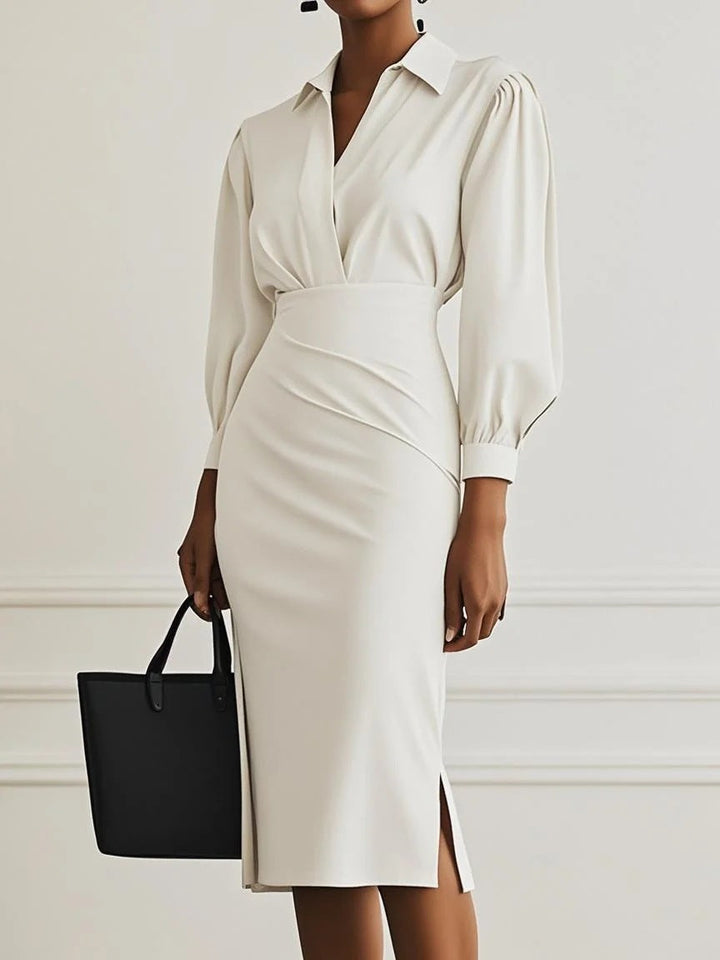 Heather | Chic Tailored V-Wrap Long Sleeve Midi Dress