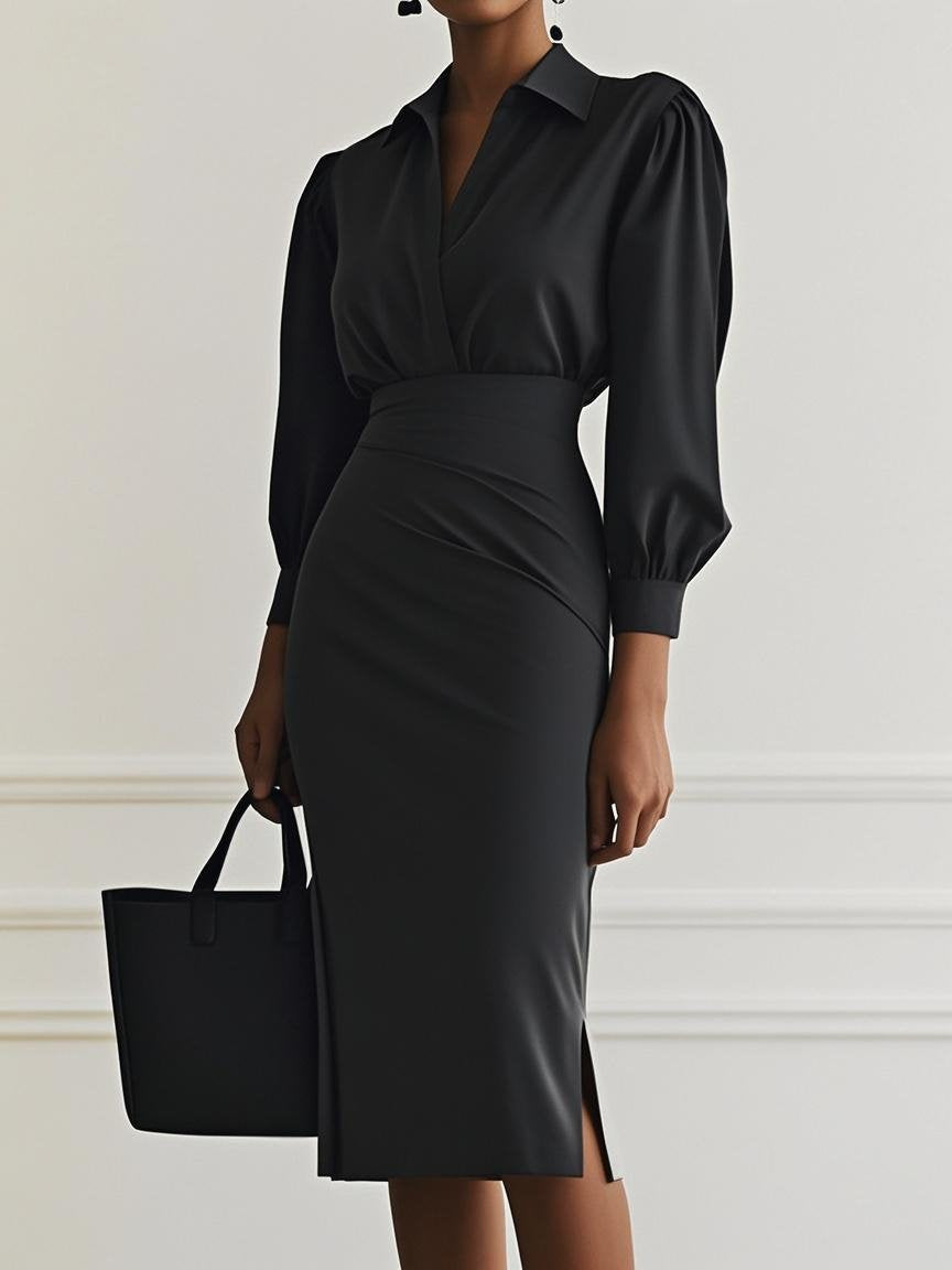 Heather | Chic Tailored V-Wrap Long Sleeve Midi Dress