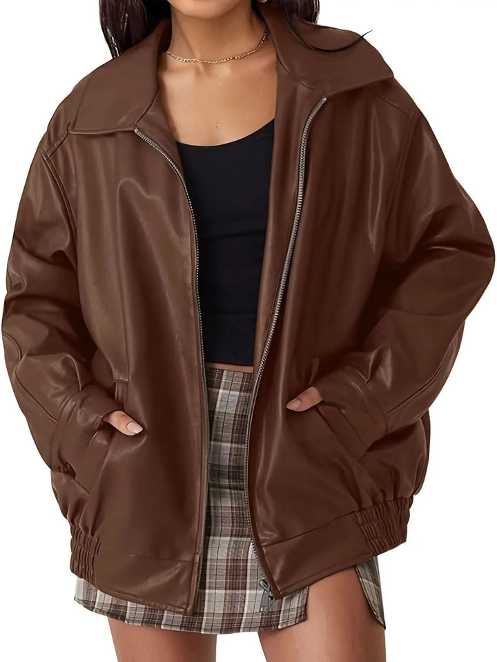 Heather | Elegant Oversized Leather Bomber Jacket