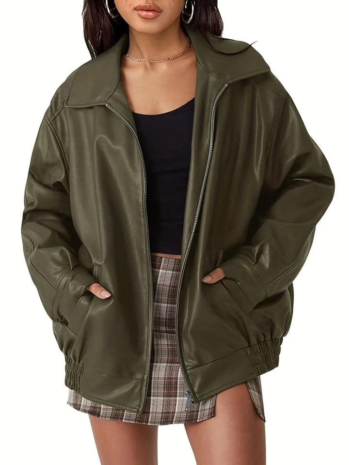 Heather | Elegant Oversized Leather Bomber Jacket