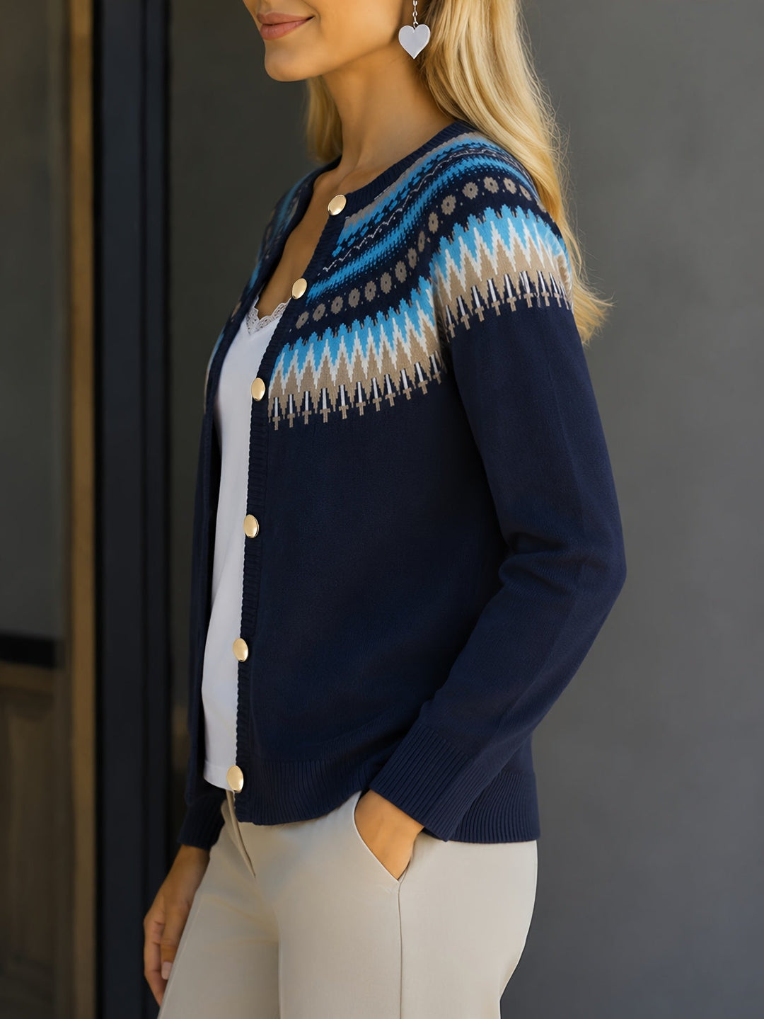 Heather | Polished Button-Front Fair Isle Cardigan Womens