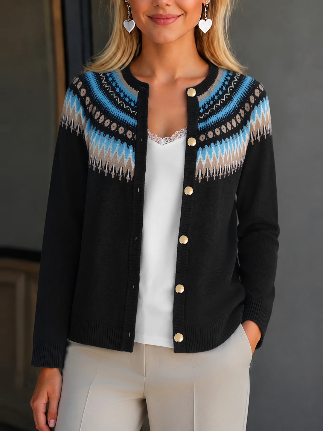 Heather | Polished Button-Front Fair Isle Cardigan Womens