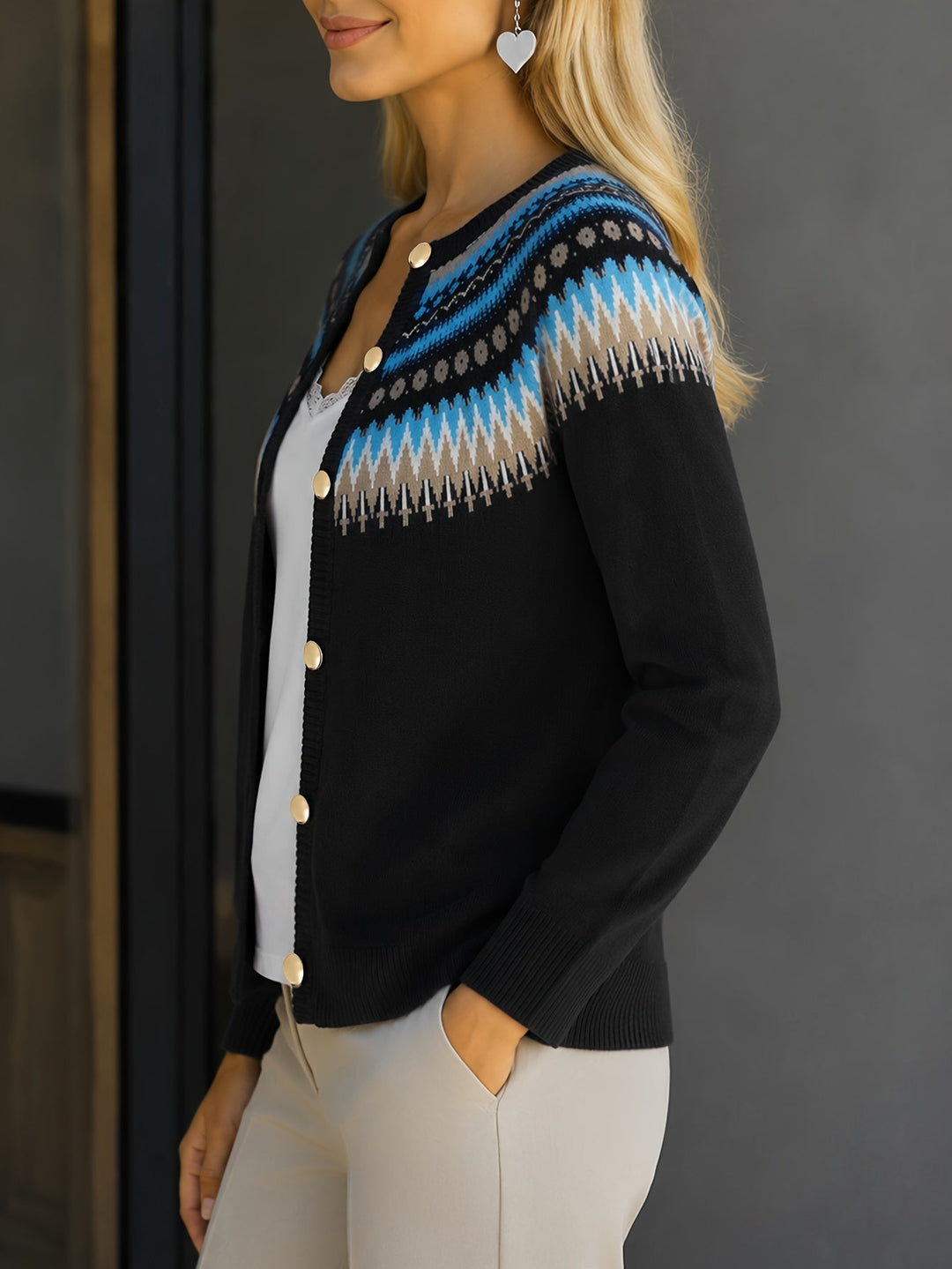 Heather | Polished Button-Front Fair Isle Cardigan Womens