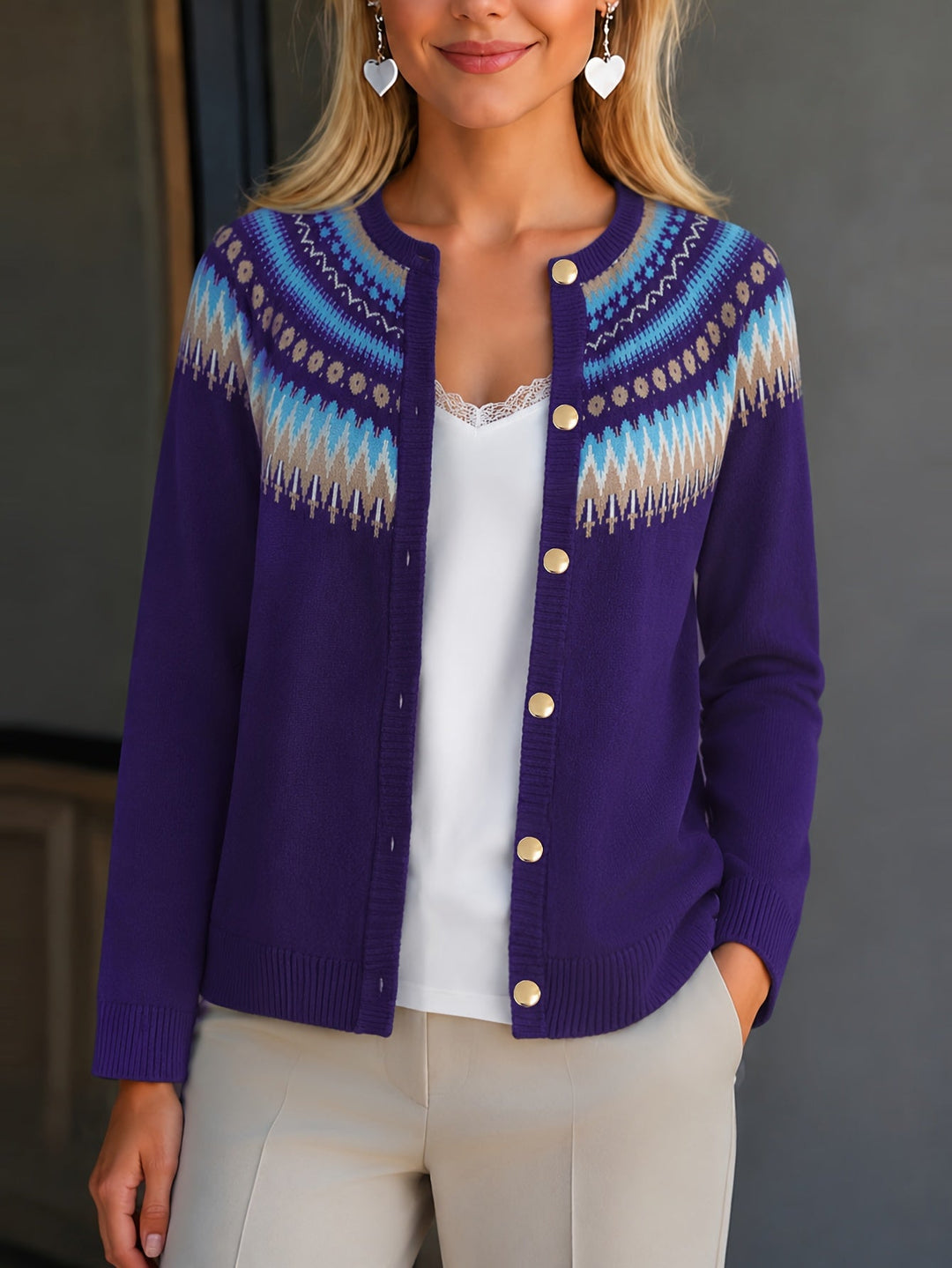 Heather | Polished Button-Front Fair Isle Cardigan Womens