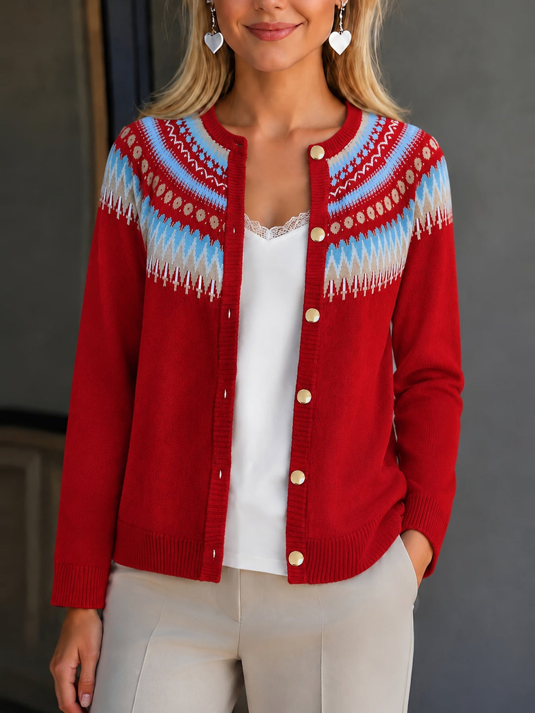 Heather | Polished Button-Front Fair Isle Cardigan Womens