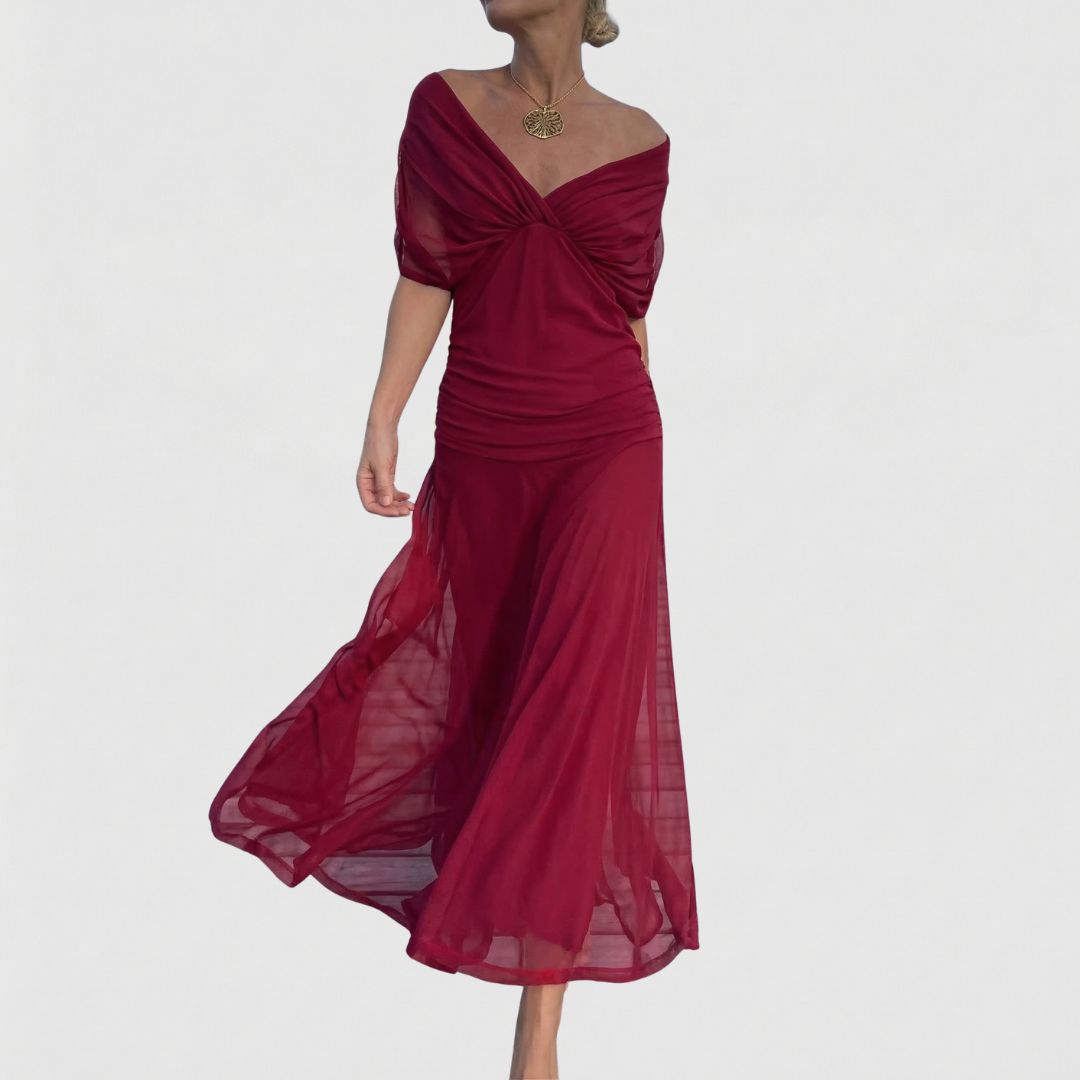 Heather | Timeless Ruched Off-Shoulder Maxi Christmas Dress