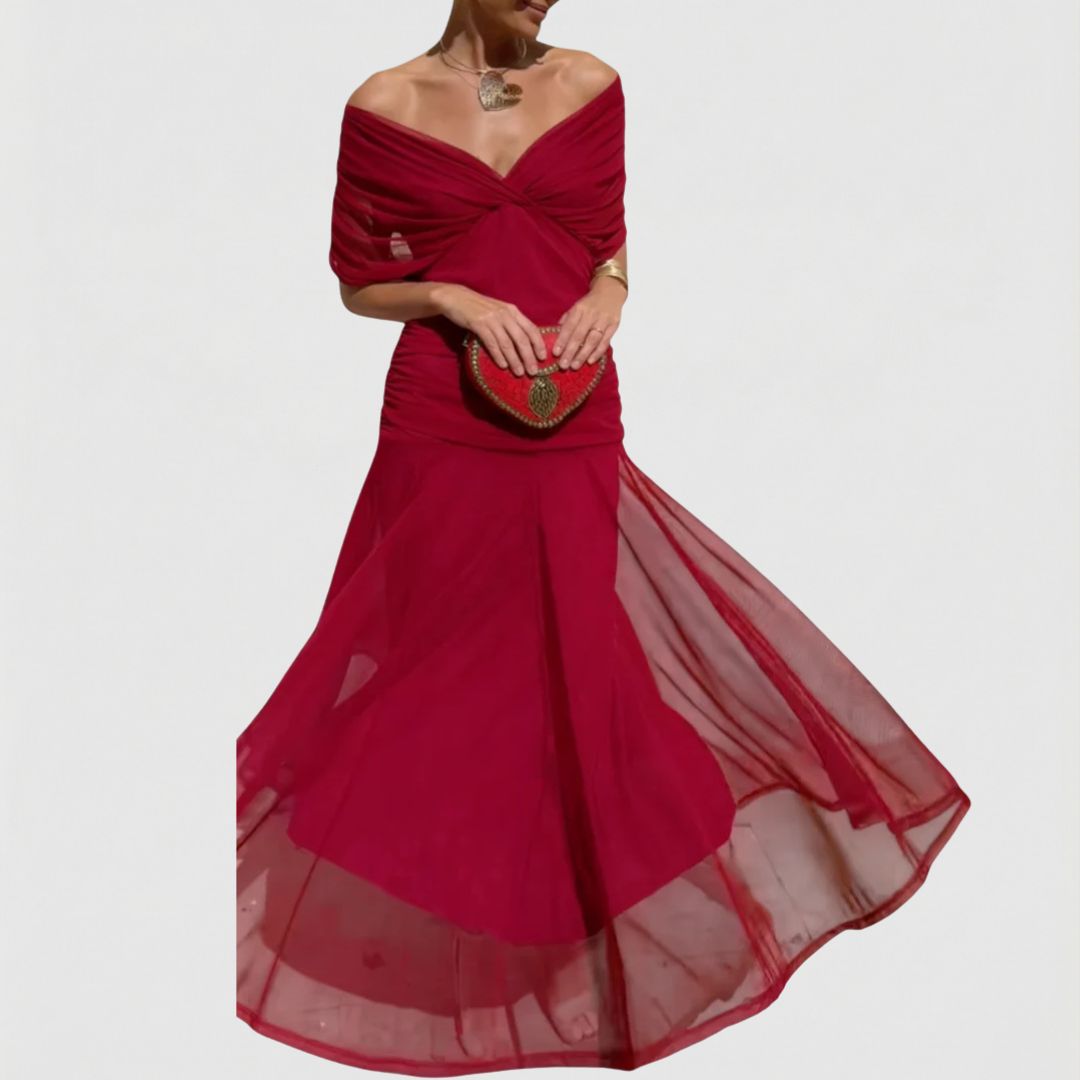 Heather | Timeless Ruched Off-Shoulder Maxi Christmas Dress