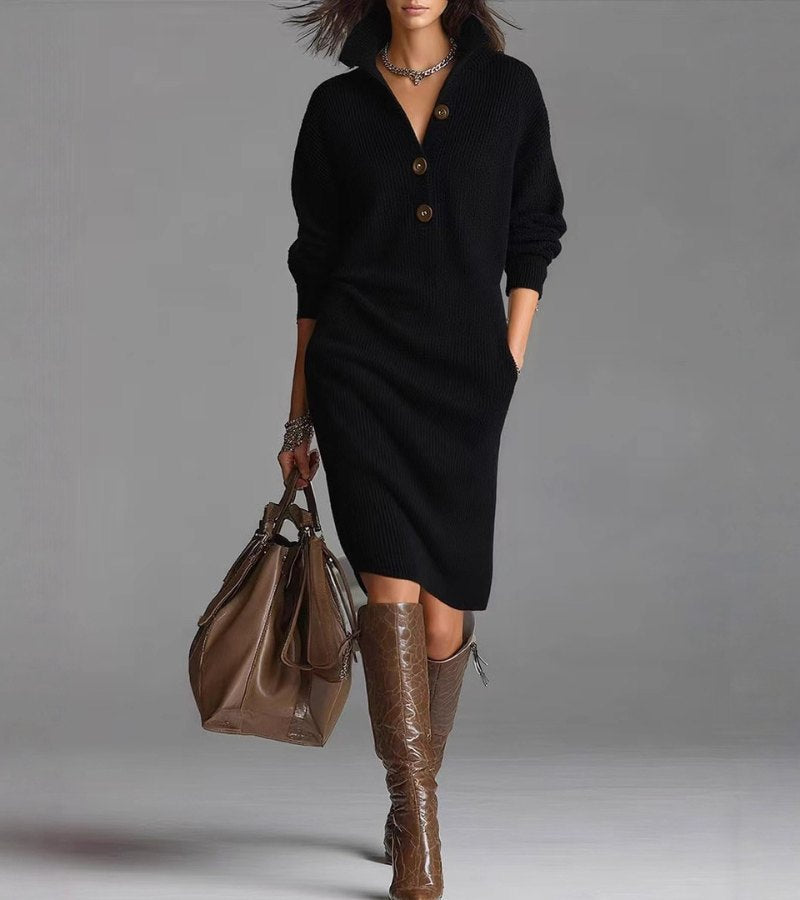 Helen | Chic Ribbed Knit Sweater Dress with Button Collar