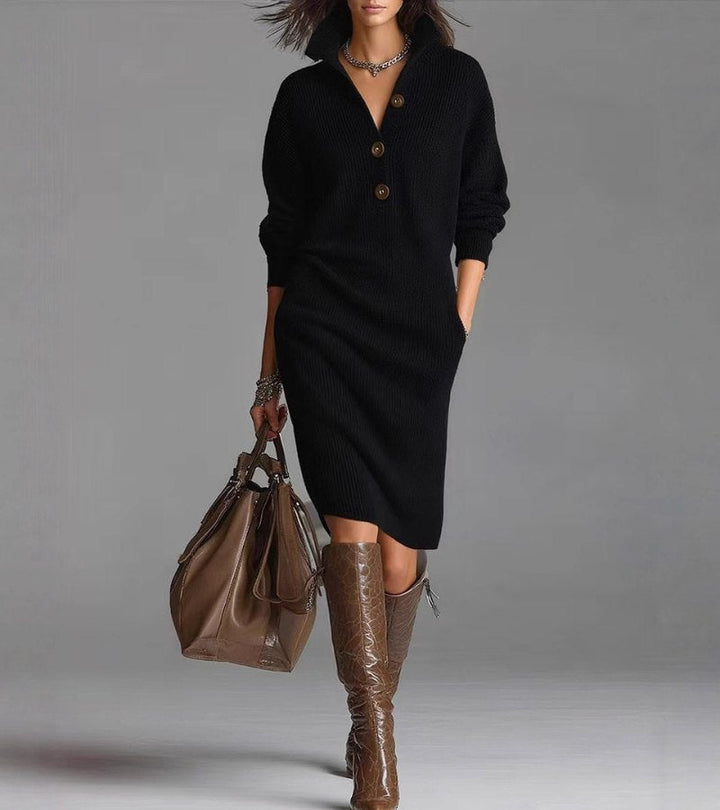 Helen | Chic Ribbed Knit Sweater Dress with Button Collar