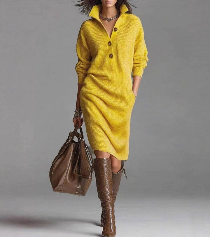 Helen | Chic Ribbed Knit Sweater Dress with Button Collar