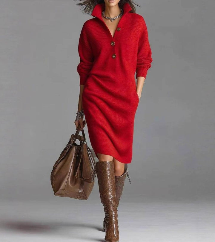 Helen | Chic Ribbed Knit Sweater Dress with Button Collar