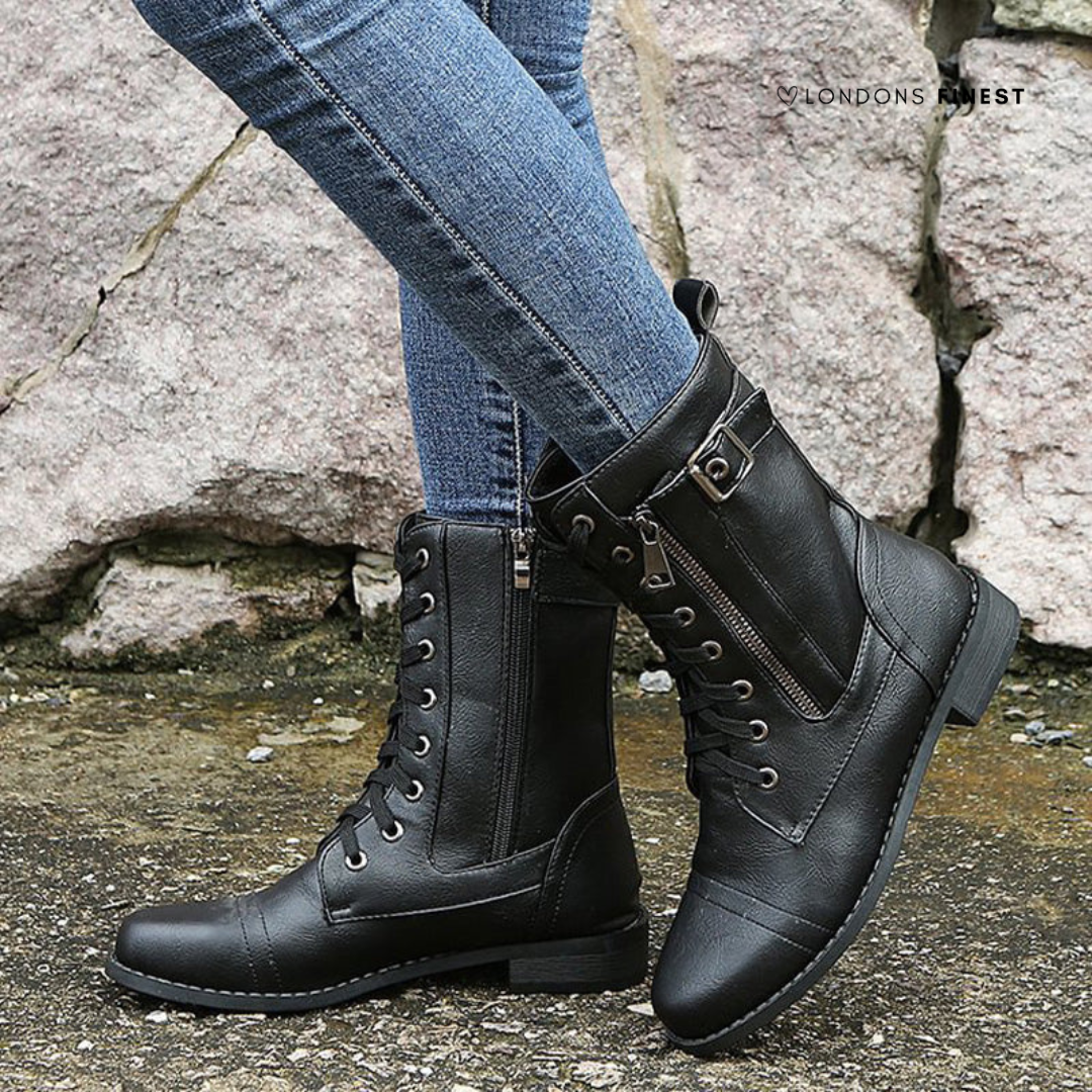 Helen | Polished Lace-Up Combat Boots with Side Zip