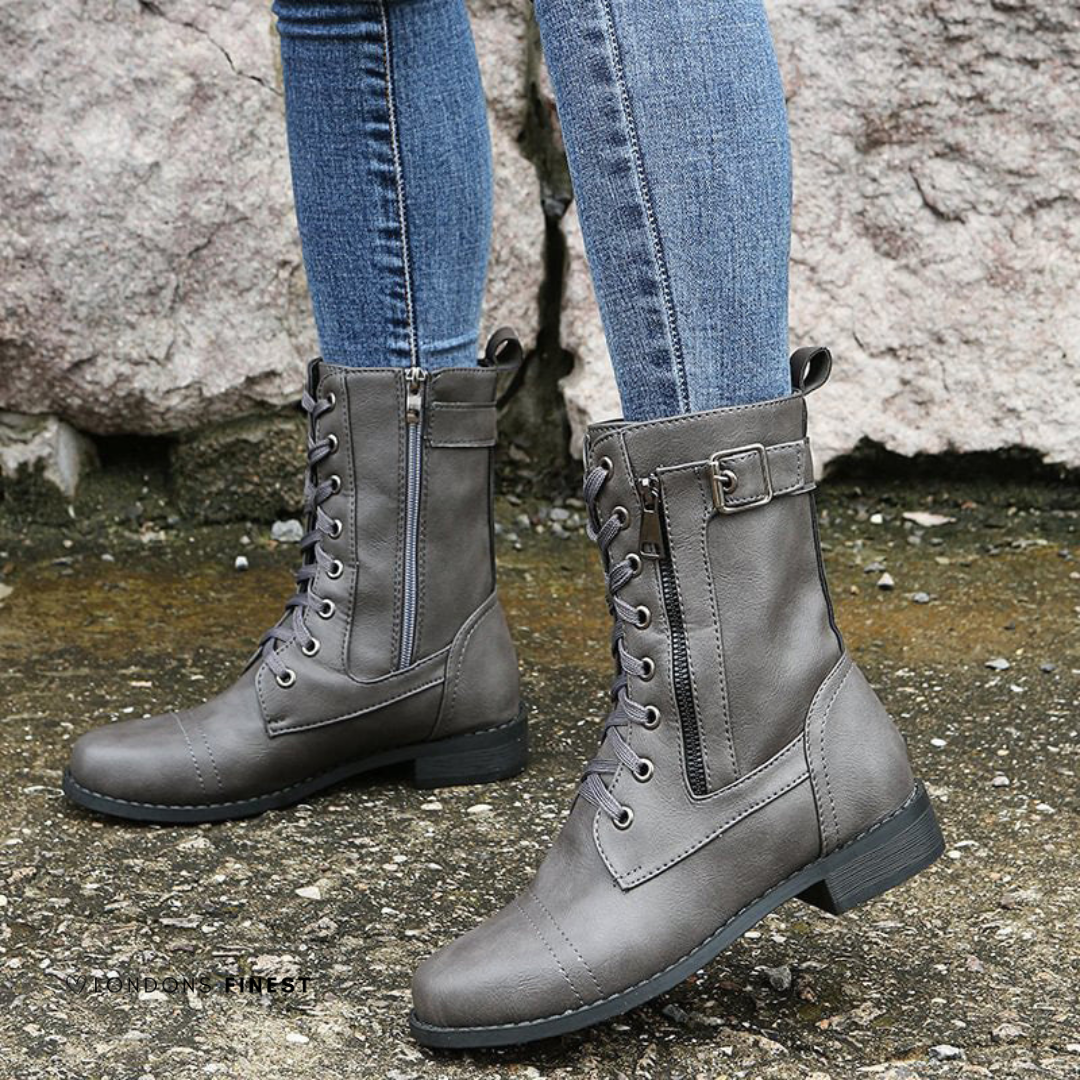 Helen | Polished Lace-Up Combat Boots with Side Zip
