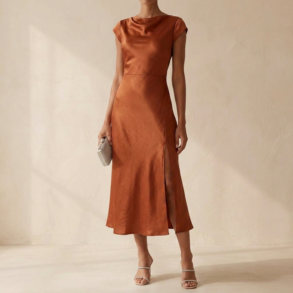 Helen | Polished Satin Midi Christmas Dress